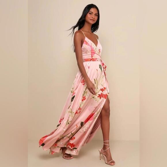 NWT Lulus Still the One Blush Pink Floral Print Satin Maxi Dress Size Medium - Picture 5 of 8